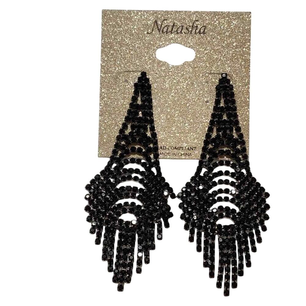 Natasha Black Rhinestone Chandelier Earrings Geometric Fringe Statement Drop 4"